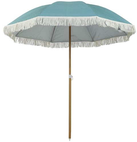 Outsunny Parasol de plage mât effet bois grand parasol à franges réglable en hauteur Ø 1,7 m avec protection solaire UPF50+, sac de transport léger inclus bleu clair