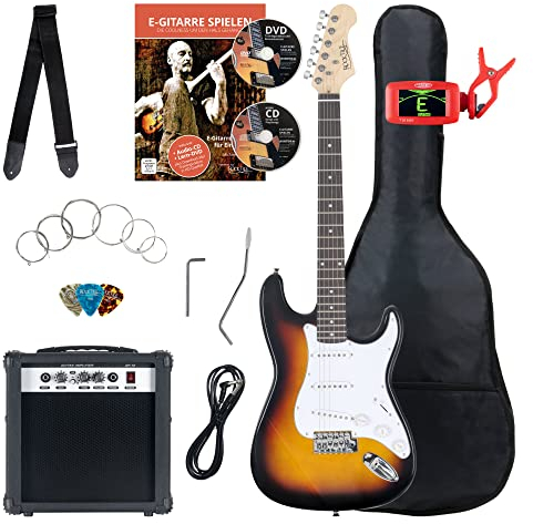 Rocktile ST-Pack Komplettset E-Gitarre Sunburst (Verstärker, Stimmgerät, Tremolo, Tasche, Kabel, Gurt, Plecs, Ersatzsaiten und Schule mit CD/DVD)