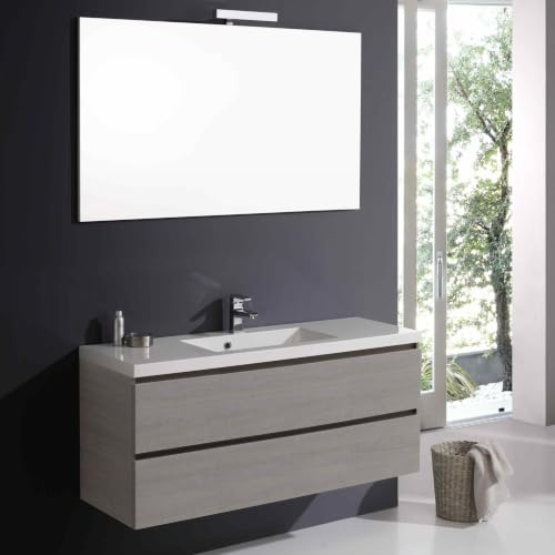 Kiamami Valentina Mobile Bagno Manhattan 120 Cm Con Due Cassetti Sospeso | Base 120x39x50 cm, lavabo in marmo ricomposto, specchio 120x70 cm, luce led, bianco foresta