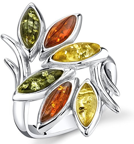 PEORA Genuine Multicolor Baltic Amber Leaf Branch Ring for Women 925 Sterling Silver, Rich Cognac, Olive Green, Honey Yellow, Size 8, Real Baltic Amber Ring for Adults,