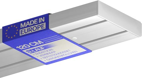Bestlivings Gardinenschiene 120cm 2-läufig, Weiß, Komplettset montagefertig | Vorhangschiene mit ruhigem Innenlauf, Stecksystem, vorgebohrte Deckenmontage, formstabiler Kunststoff, kürzbar - Made in EU