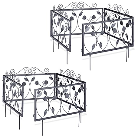 Relaxdays 8 x Beetzaun Metall, Beeteinfassung zum Stecken, Vintage Zaunelemente mit Blättern, HxB 34,5 x 56,5 cm, schwarz