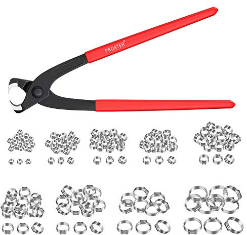 Proster Einzelohr Stufenlos Schlauchschellen Set mit Zange und 304 Edelstahl 150 STÜCKE Schhlauchklemmen 6mm - 31,6mm mit 9 verschiedene Größen Einzelohrschlauchklemme Crimper Werkzeug Kit