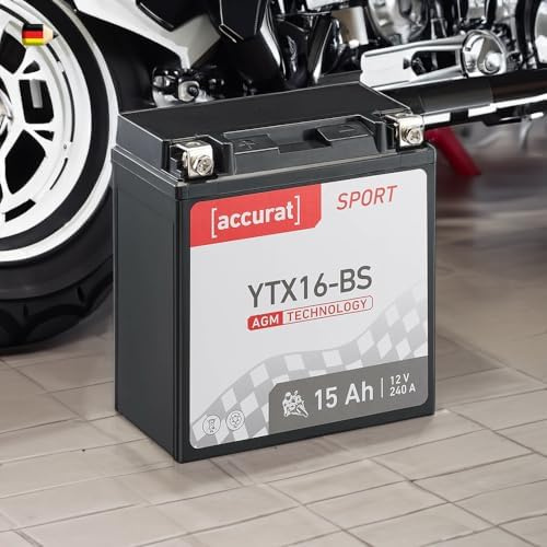 Accurat Motorradbatterie YTX16-BS, AGM, 12V 15Ah, wartungsfrei, zyklenfest | kompatibel mit YTX16-4, geeignet für Quad, rüttelfest, Starterbatterie, Erstausrüsterqualität, vorgeladen