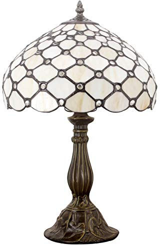 WERFACTORY Tiffany Lamp Cream Amber Stained Glass Bead Table Lamp Desk Bedside Reading Light 12X12X18 Inches Deco Bedroom Living Room Home Office S005 Series