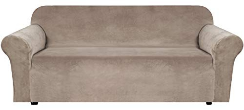 H.VERSAILTEX Stretch Velvet Sofa Covers for 3 Cushion Couch Covers Sofa Slipcovers Furniture Protector Soft with Non Slip Elastic Bottom, Crafted from Thick Comfy Rich Velour (Sofa 72-90, Taupe)