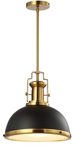 JONATHAN Y 13 Black/Brass Gold Modern Industrial Iron LED Dome Pendant Light, Adjustable Hanging Fixture for Kitchen Island or Entryway, Black Metal Shade, LED Bulb Included (JYL9536A)