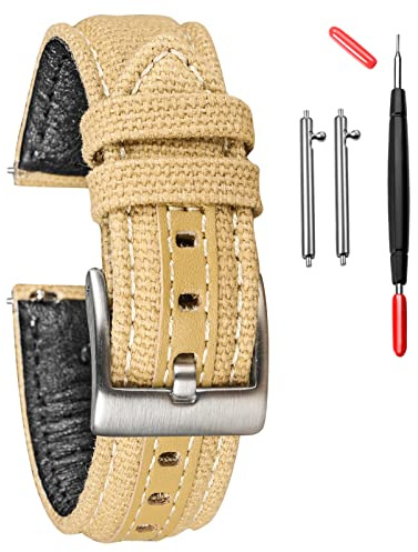 hemsut h Militärische Armbanduhr-Gurt mit Schnellwechsel: 4mm Dicke Canvas + Leder (18-24mm) Passend für 16-21cm Handgelenk - Schwarz/Khaki/Blau/Grün