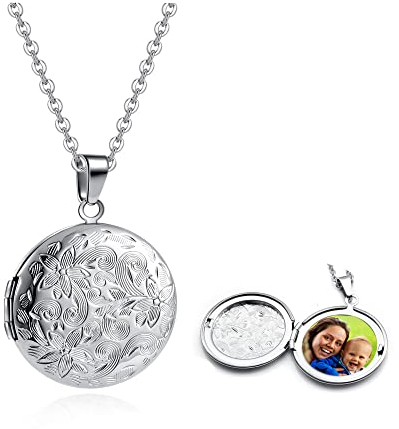 Zysta Vintage Charms Medaillon Kette für Foto Bilder, Silber Rund/Herz Anhänger zum Öffnen mit Blumen Muster Herzanhänger Amulett für Damen Mädchen (Rund Anhänger)