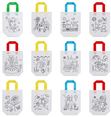 MengH-SHOP DIY Graffiti Taschen Kinder Stoffbeutel Set Non-Woven-Tasche Stofftaschen zum Bemalen Farbfüllung Muster Geschenk 12 Muster 24 Stück