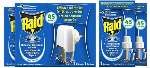 Raid 2 Diffuseurs Electriques Liquides Moustiques & Moustiques Tigres + 4 Recharges 45 Nuits - 2 Diffuseurs + 4 Recharges