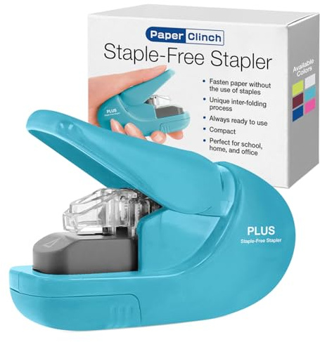Plus Paper Clinch Compact Staple-Free Stapler, Blue Turquoise