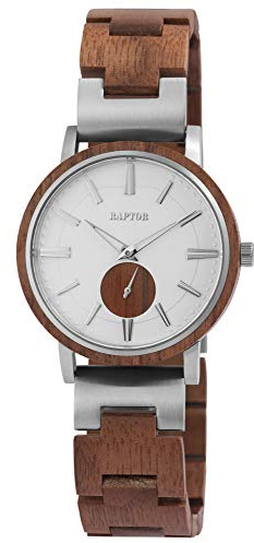 Raptor Herren-Uhr Holz Edelstahl Leuchtzeiger Leuchtindex Analog Quarz RA20331 (Walnussholz/Edelstahl silberfarbig)