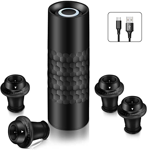 WIWONEY Pompa per Vino Sottovuoto, Tappo Vino Sottovuoto, Salvavino Elettrico, con 1 Pompa per Vino ricaricabile e 4 Tappi per Vino di Riutilizzabili (Nero)