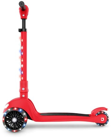 Jetson Scooters - Jupiter Mini 3 Wheel Kick Scooter (Red) - Collapsible Portable Kids Three Wheel Push Scooter - Lightweight Folding Design with High Visibility RGB Light Up LEDs on Stem and Wheels