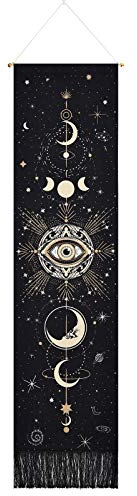 Yugarlibi Mondphasen Wandteppich, Blumen Wandbehang Schwarz Wandteppich, Dekorative Böhmischen Baumwolle Lange Wandteppiche Wandkunst für Schlafzimmer, Schwarz 130x32.5cm