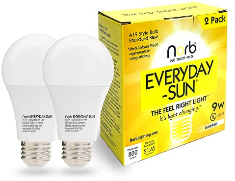 Norb Everyday Sun Light Bulb - Full Spectrum Wellness Lighting, Sunlight-Mimicking Technology for Energy, Mood & Performance. Supports Sleep/Wake Cycles, 5000K, 9W, US Based, Budget-Priced (2-Pack)