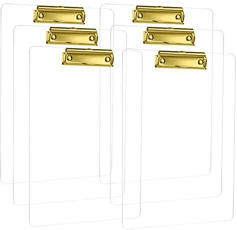 MSDADA Carpeta portapapeles con clip de metal dorado, portapapeles acrílico transparente tamaño A4 Carpeta portapapeles vertical (paquete de 6)