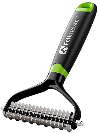 Fellmeister® Unterfellbürste für Hunde & Katzen mit MITTEL- bis LANGHAAR | Tierhaarbürste gegen Knoten & Verfilzungen | Fellharken & Entfilzungsmesser - Trimmstriegel für die Fellpflege (9,5cm) Breite