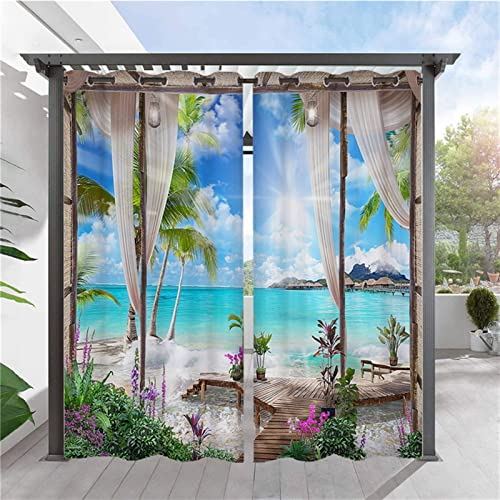 SK Studio 2 Stück Outdoor Vorhang Wetterfest Wasserdicht Sichtschutz Sonnenschutz Vorhang mit Strand-Ozean-Druckmuster für Balkon Terrasse Veranda Pergola Gartenlaube Stil 10, 150x166cm