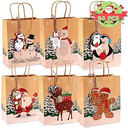 Gift Bags Christmas 24Pcs Kraft Paper Bags Christmas Cookie Bags Sweet Bags Christmas Bags for Filling with 24 Christmas Labels and Red Ribbon for Packing Gifts Birthday Children Party Favours