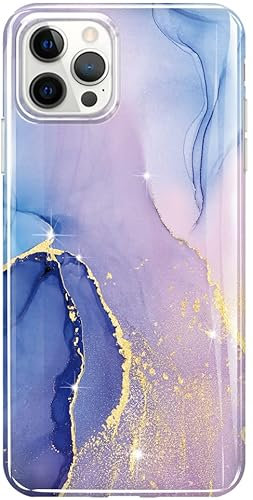 luolnh Gold Glitter Sparkle Case Compatible with iPhone 12 and iPhone 12 Pro 6.1 Inch Marble Design Shockproof Soft Silicone TPU Bumper Cover Skin Phone Case(Light Purple&Blue)
