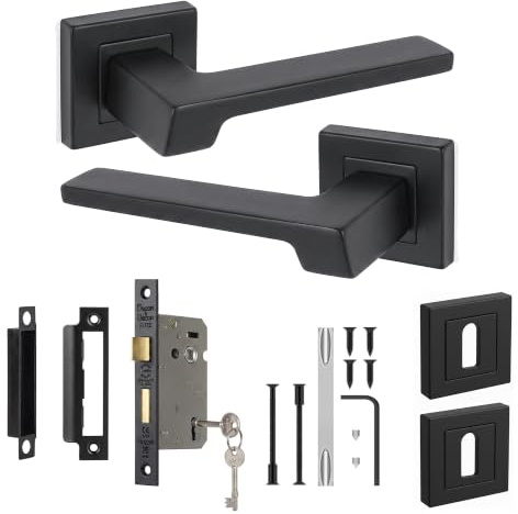 Decoranddecor Spectra Matt Black Door Handles Internal with Lock and Keys | Door Handles with Lock and Key, Internal Door Handles, Interior Door Handles, Handle Set, Door Handles Black, Lever on Rose