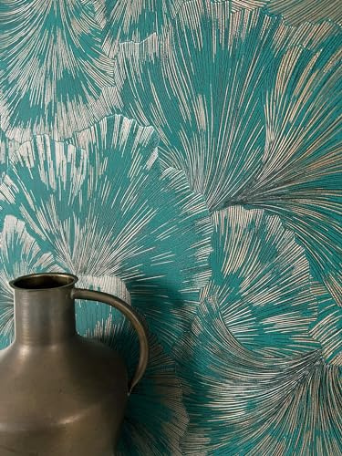Newroom Papier Peint Intissé Vert Jungle Feuilles Ginkgo Chambre | Éclat métallisé, lignes contours brillantes, esprit art déco, papier peint floral, décoration murale salon