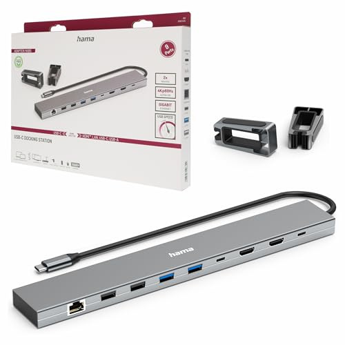 Hama Dockingstation Hub USB-C Connect2Office Basic V2, 9 Multiport-Ports 2HDMI, LAN/Ethernet, 2 USB-C, 4 USB-A, MST 2 Monitore, 4K, Power Delivery 100 W, Aluminiumgehäuse, Grau