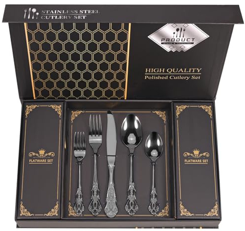 Retro Royal Black Silverware Set With Gift Box For 8 Cutlery Set Utensils Stainless Steel Flatware 40 Pieces MIKIWAY Kitchen Tableware Set For Gifts Festive, Dishwasher Safe, Mirror Polishing