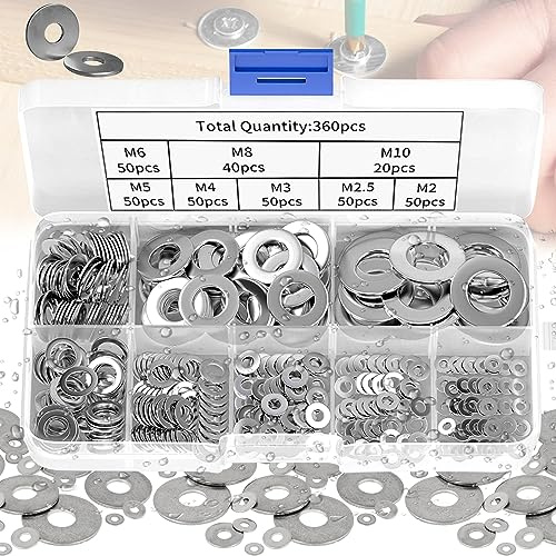 Flach Unterlegscheiben, 360 Stück Beilagscheiben 8 Größen Edelstahl Flach und Sicherungsscheiben Sortiment Set für Schrauben, Bolzen, Heimdekoration Reparatur(M2 M2.5 M3 M4 M5 M6 M8 M10)