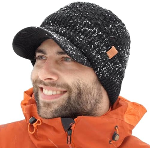 TOP-EX DryKnit™ Merino Wool Waterproof Peaked Beanie Hat Men Women, Fleece Lined Thermal Wooly Winter Caps Cold Weather Running Black M/L