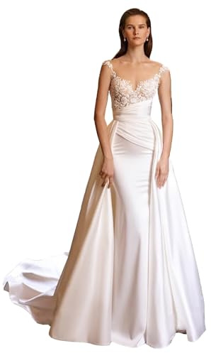 TSxuelian Abito da sposa a sirena in raso con spalline sottili da donna, applique in pizzo con abiti da sposa staccabili, avorio, 38