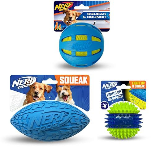 Nerf Dog Toy Gift Set, 3-Piece Set of Outdoor Dog Toys for Fetch, Includes Checker Crunch Ball, Spike LED Squeak Ball and Tire Squeak Football