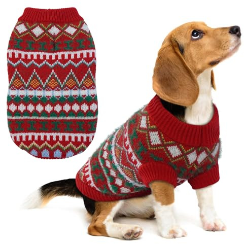 Hjumarayan Hundepullover mittelgroße Hunde – Boho Strickpullover warm & dick für kalte Wintertage | weich & elastisch | mit Geschirröffnung | leicht anzuziehen | Französische Bulldogge (Rot Grün L)