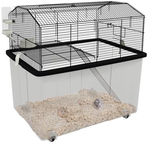 PawHut Hamster Cage, Gerbil Cage 2 Tier with Wheels, Deep Bottom, Ramp, Food Dish, Water Bottle, for Dwarf Hamster, 57 x 43 x 57cm - Black