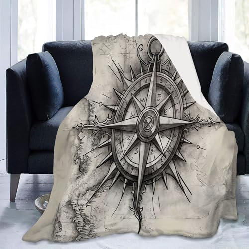Decke Vintage Kompass Grau Schwarz, Personalisiert Decke Weichen Flauschig Flanelldecke, Warm Druck Muster Kuscheldecke Sofadecke Bettdecken Für Herbst Winter 100 x 130 cm