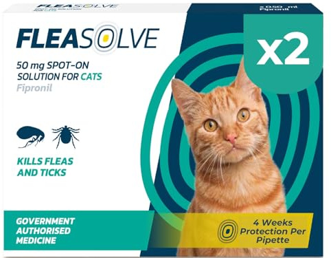 Cat Flea Treatment Spot On x 2 Pack - Flea Treatment Cat Spot On for Cats & Kittens Over 1kg - Fast-Acting FleaSolve Solution x 2 Pipettes