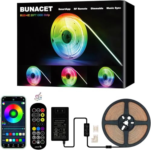 BUNACET RGB+IC COB LED Streifen Strip LED Band 24V 6M Dimmbar | Mit Netzteil,RF Fernbedienung,Musik Sync und selbstklebendem Design für schnelle Montage in Wohnzimmer,Küche und Gaming