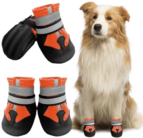 Muecleao Hundeschuhe Pfotenschutz, 4 Stück Wasserdicht Anti-Rutsch Hundestiefel mit Rutschfester Sohle und reflektierendem Klettverschluss, Schuhe für kleine, Mittlere und Große Hunde (Orange, S)