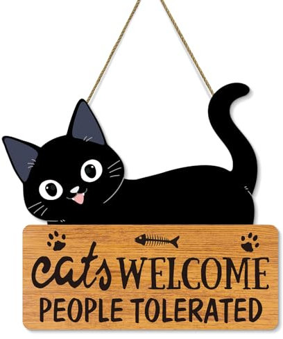 Cat Signs Black Welcome Sign,11 * 10 Inch Funny Wooden Hanging Decor Door Sign Welcome People Tolerated Kitty Kitten Footprint Wooden Plaque For Pet Shop Home, Lover (Black Cat)