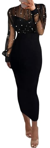 ChicMe Sexy Black Dress for Women Mock Neck Bodycon Midi Dress Long Sleeve Sheer Dresses Beaded Night Club Party Dresses Black-L