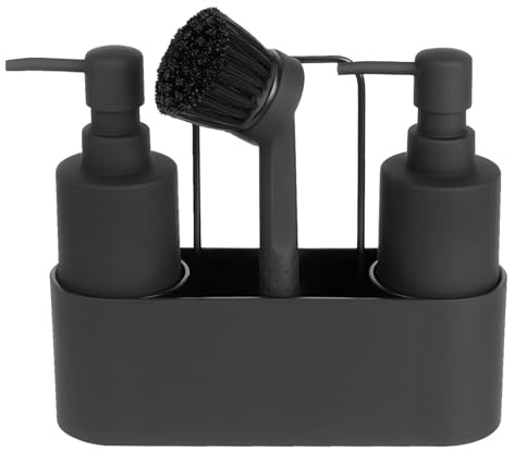 CAUTIOUS Seifenspender schwarz matt Spülmittelspender Küche Seifenspender Kunststoff Spülbecken Organizer Soap Dispenser Spülbecken Küche mit Schwammhalter und Bürste