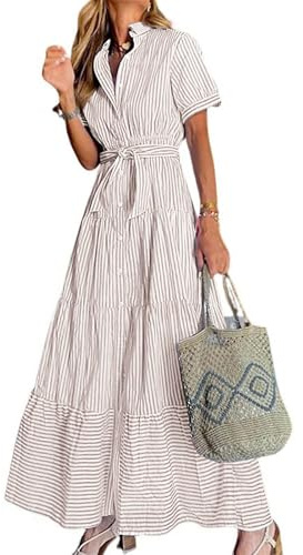 utcoco Womens Casual Short Sleeve Button Down Tie Waist Ruffled Striped Maxi Shirt Dress (Large, Khaki)