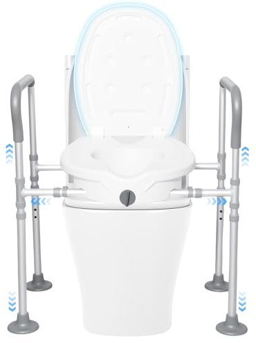 Julymoda Toilettensitzerhöhung mit Toilettendeckel&Armlehnen, Höhenverstellbar Breitenverstellbar WC Sitzerhöhung Aufstehhilfe Toilette Toilettensitzerhöher für Erwachsene Senioren Badezimmer