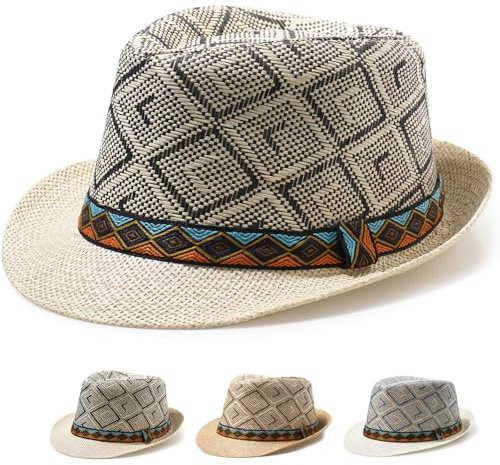 Initlove Cappello Fedora in paglia per uomo donna estivo a tesa corta Trilby cappelli, Nero , Taglia unica