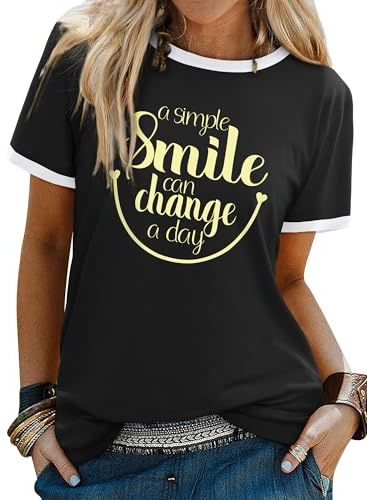 WIEIYM Women T-Shirt Round Neck Short Sleeve Tshirt Summer Tee Shirts Smile Graphic Print Ladies Casual Tee Tops S-XXL