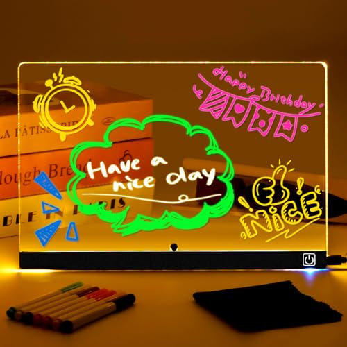 Tablette Lumineuse Dessin pour Enfants avec Interrupteur on/off, Super Facile à Nettoyer & Support Amélioré, Tableau Lumineux Message LED avec 7 Marqueurs Néon, 30x20 cm, Cadeau Créatif pour Enfants