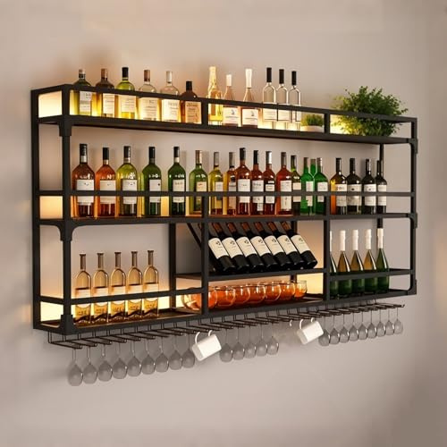 Porte Bouteille Mural Avec Porte-verres À Vin,Étagère À Vin Murale,Casier À Vin En Fer,Étagère De Rangement,Range Bouteille,Porte-bouteilles Mural Pour Cave À Vin,Bar,Cuisine(Black,200cm/78.7in)