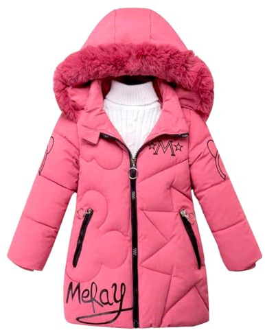 linboo Manteau Fille Doudoune Chaud Veste Hiver Blouson Enfant à Capuche Fourrure mi Long Parka Epaisse Vêtements de Ski, Rose, 7-8 ans